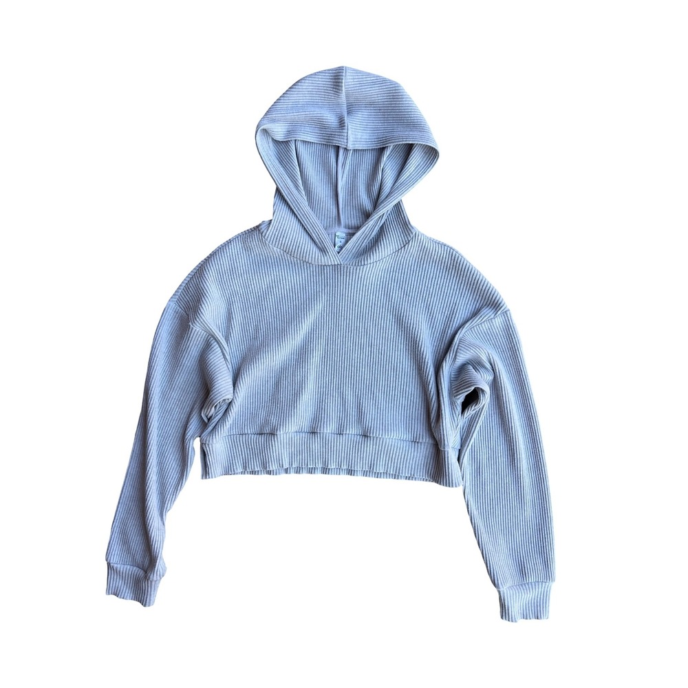 Alo Yoga Muse Ribbed Crop Hoodie Bone-Grey Sz S Athleisure W4328R Logo Patch Gym